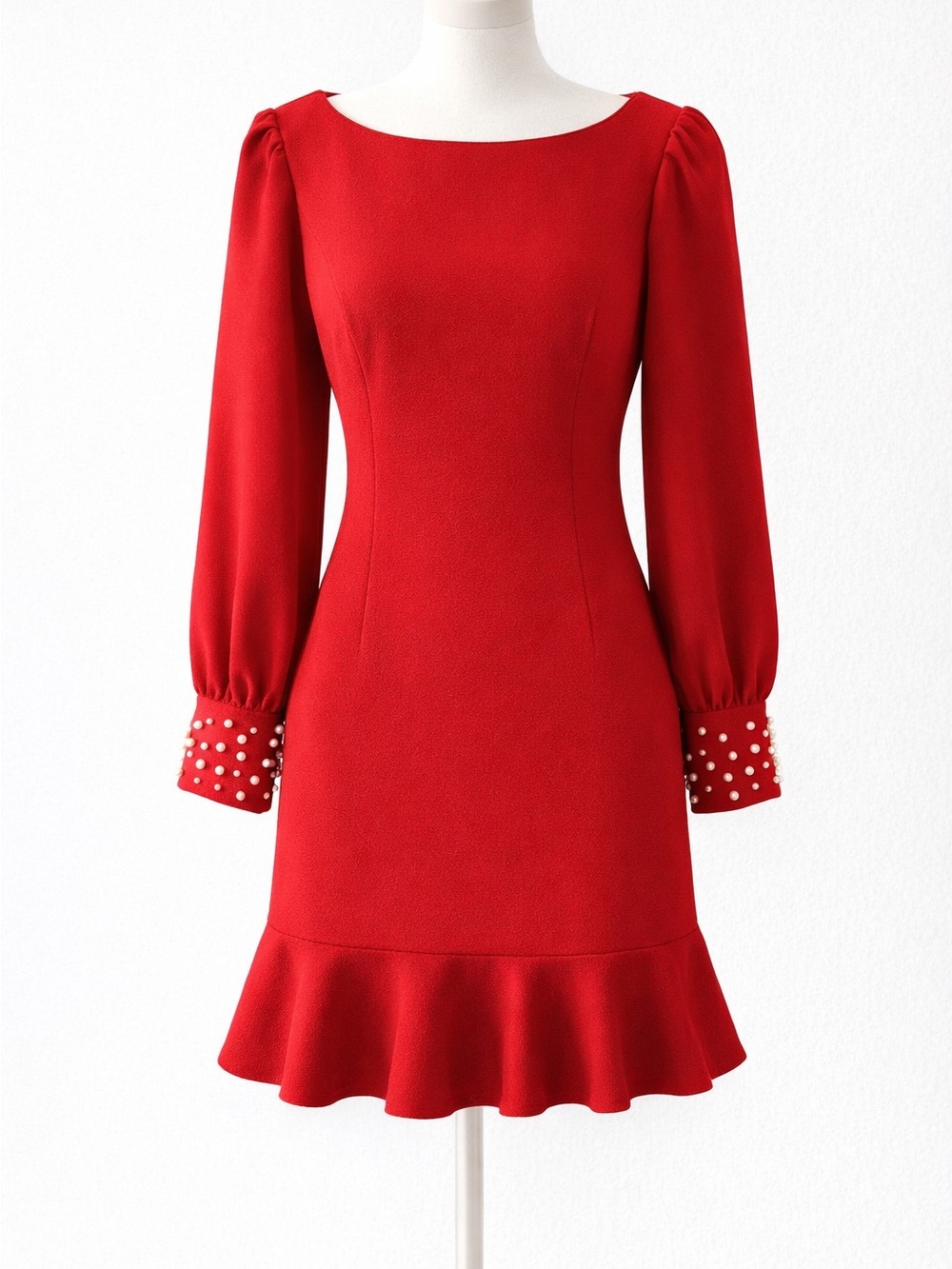 Red Pearl-Cuff Fit & Flare Dress